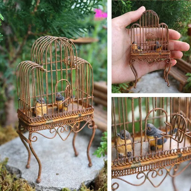 Miniature Rusty Standing Birdcage With Birds Rustic Vintage CJ Necklaces