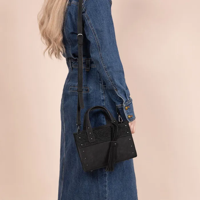 MONTANA WEST Rings Wrangler Western Tooled Tote Crossbody Black