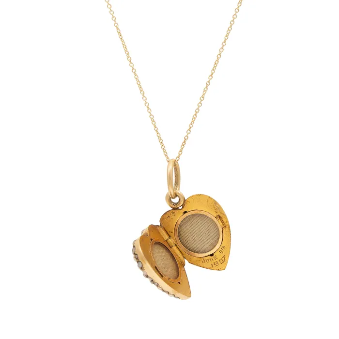 Antique Necklaces Victorian Pave Pearl Heart Locket And 14k Gold Necklace