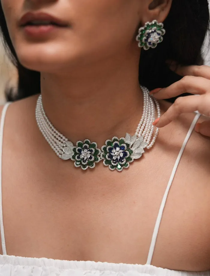 Attrangi Necklaces Floral Duet Diamond Pearl Designer Necklace Choker Set