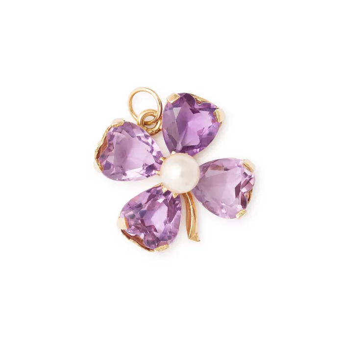 FourLeaf Clover Amethyst and Pearl 14K Gold Charm Vintage Necklaces