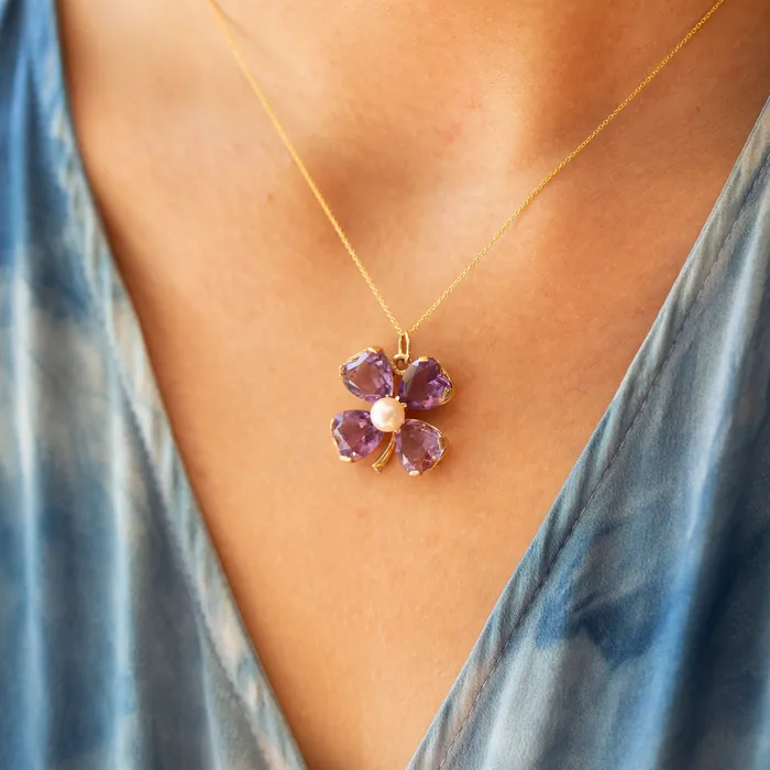 FourLeaf Clover Amethyst and Pearl 14K Gold Charm Vintage Necklaces