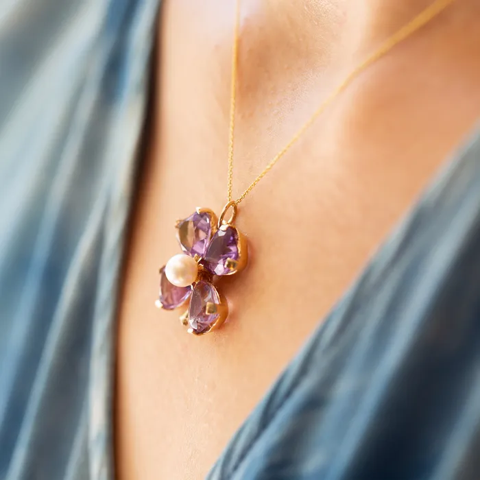 FourLeaf Clover Amethyst and Pearl 14K Gold Charm Vintage Necklaces