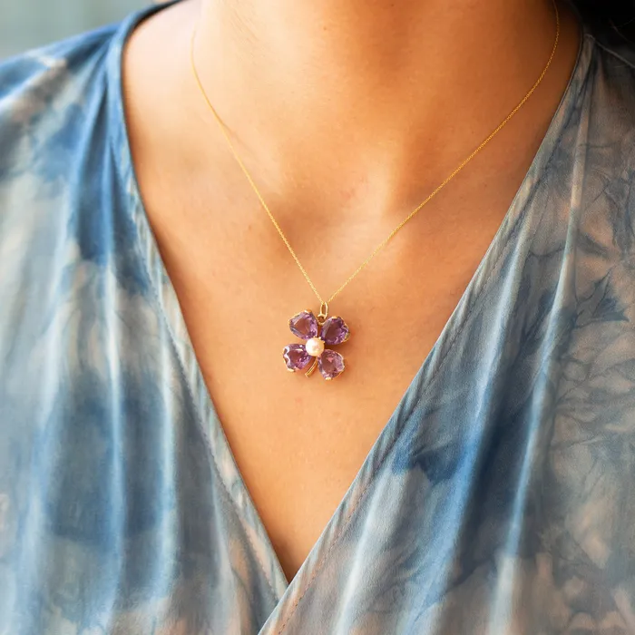 FourLeaf Clover Amethyst and Pearl 14K Gold Charm Vintage Necklaces