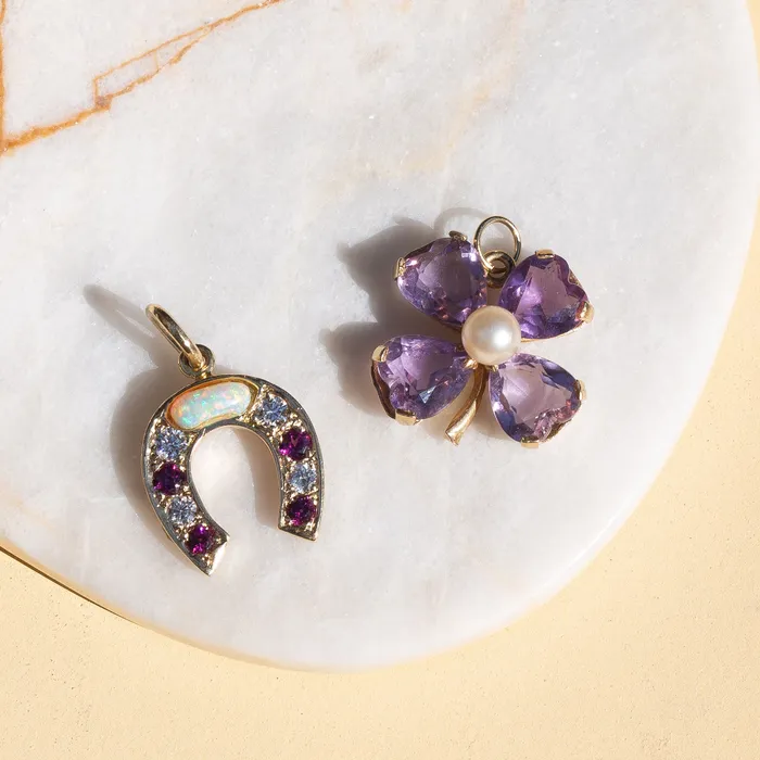 FourLeaf Clover Amethyst and Pearl 14K Gold Charm Vintage Necklaces