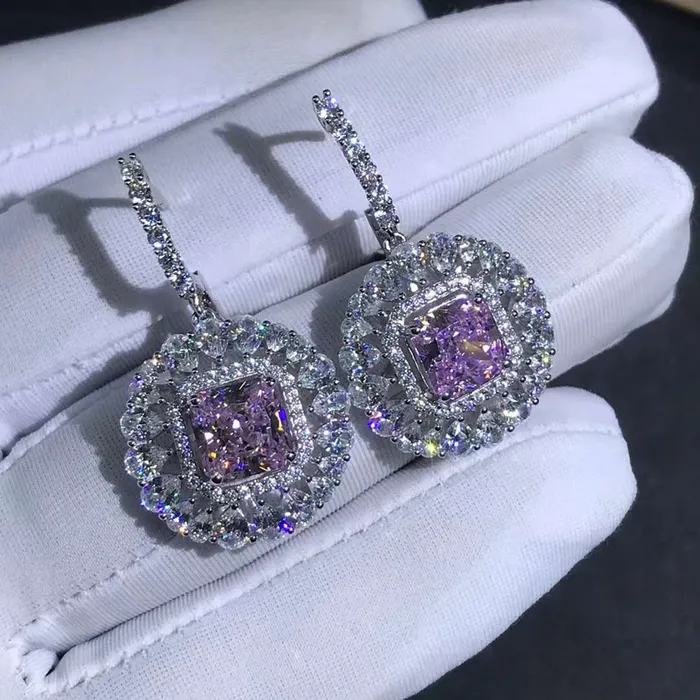 Leyloon Jewelry Earrings 2 Carat Pink Radiant Double Halo Moissanite Latch Back Dangling Earrings