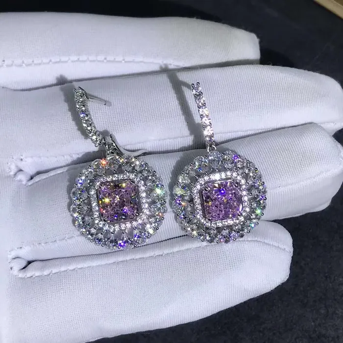 Leyloon Jewelry Earrings 2 Carat Pink Radiant Double Halo Moissanite Latch Back Dangling Earrings
