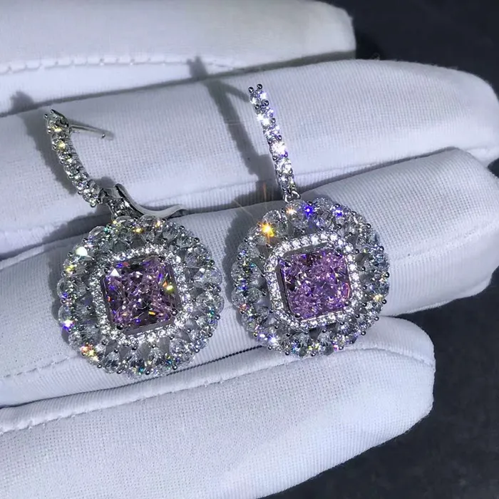 Leyloon Jewelry Earrings 2 Carat Pink Radiant Double Halo Moissanite Latch Back Dangling Earrings