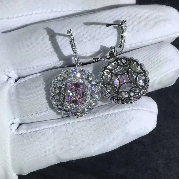 Leyloon Jewelry Earrings 2 Carat Pink Radiant Double Halo Moissanite Latch Back Dangling Earrings