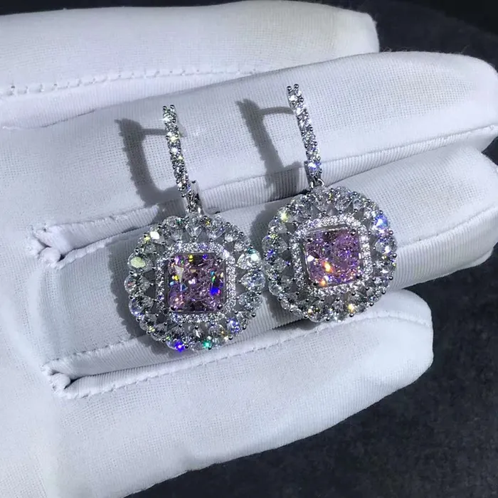Leyloon Jewelry Earrings 2 Carat Pink Radiant Double Halo Moissanite Latch Back Dangling Earrings