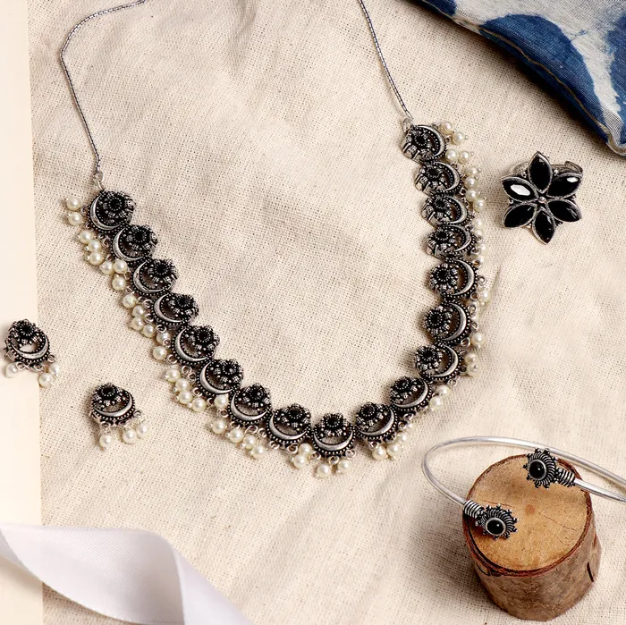 Rings Teejh Teejh Amba Black Silver Oxidized Jewelry Gift Set