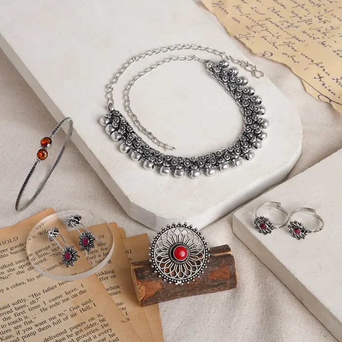 Rings Teejh Teejh Takshashila Oxidised Silver Jewellery Gift Set