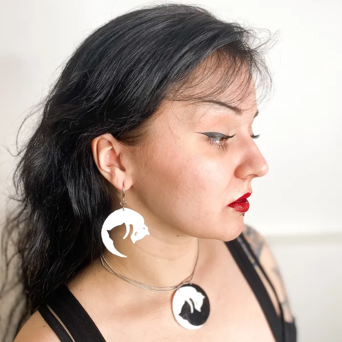 VincaUSA Earrings Emily The Strange Yin Yang Cat Mismatched XL Ear Hooks