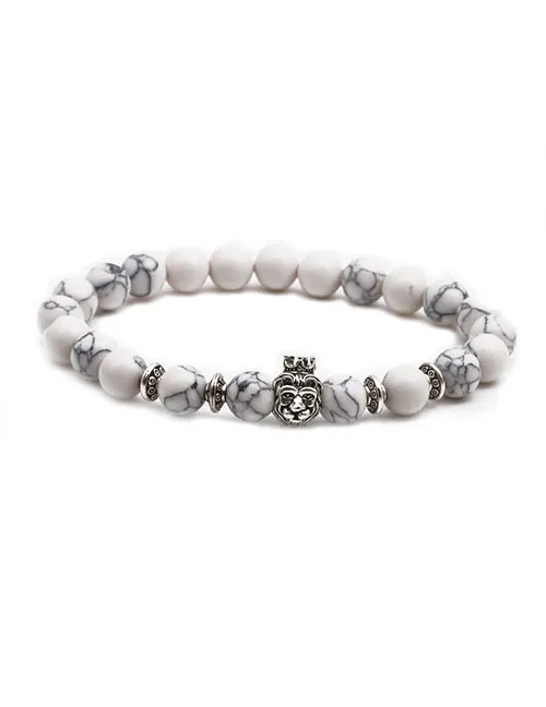 02 Bracelets B77 White Crackle Stone Lion King of the Jungle Bracelet