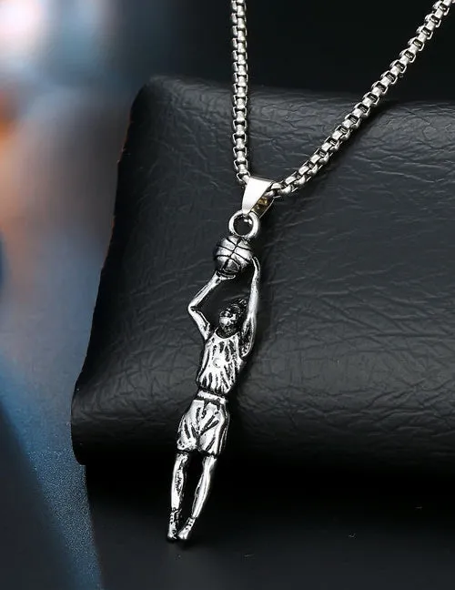 02 Necklaces N1615 Silver Shooting Basketball Pendant Necklace