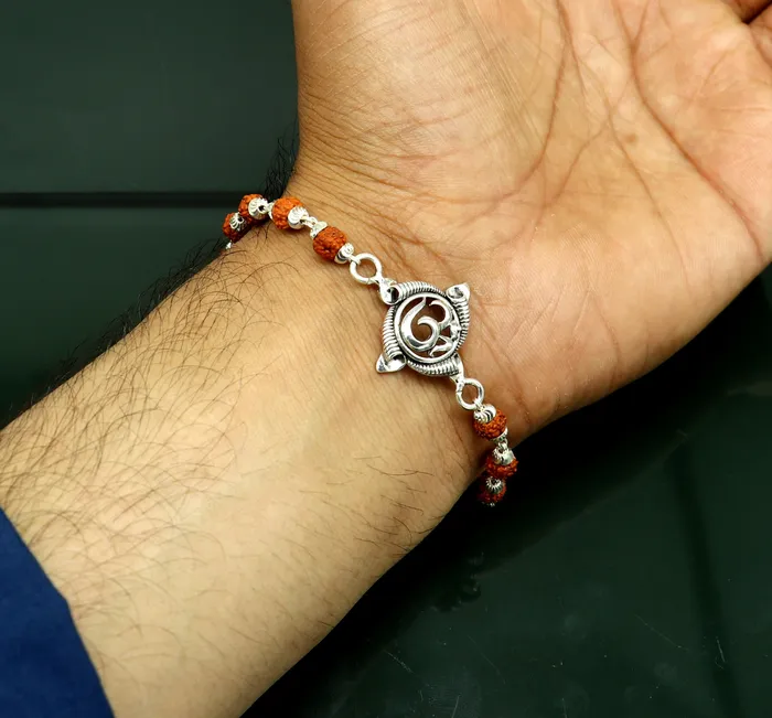 75 inches long handmade solid 925 sterling silver custom Aum OM design rudraksha Rakhi Bracelet special personalized Rakshabandhan gift rk09 TRIBAL ORNAMENTS Bracelets 75 inches long handmade solid 925 sterling silver custom Aum OM design rudraksha Rakhi Bracelet special personalized Rakshabandhan gift rk09 TRIBAL ORNAMENTS Bracelets