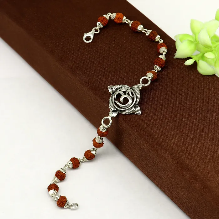 75 inches long handmade solid 925 sterling silver custom Aum OM design rudraksha Rakhi Bracelet special personalized Rakshabandhan gift rk09 TRIBAL ORNAMENTS Bracelets