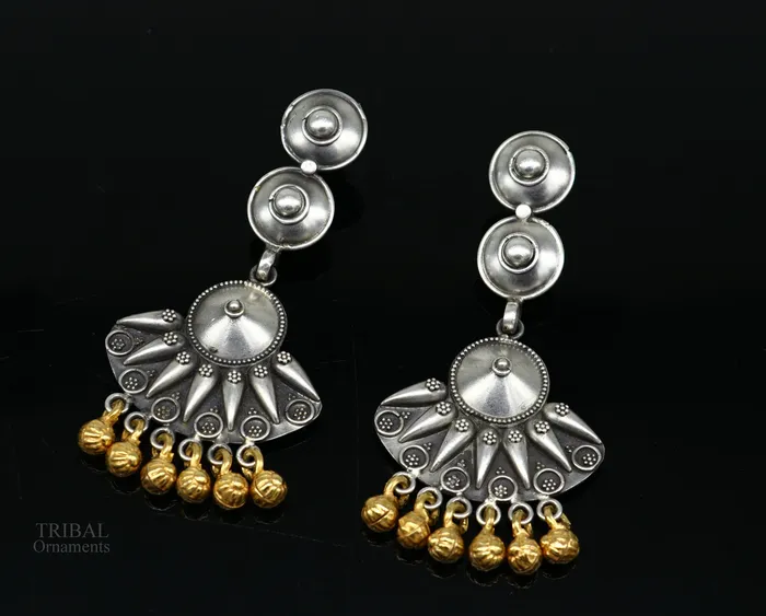 925 sterling silver vintage design traditional stud drop dangle earring with hanging gold polished jingling bells s gifting earrings ear1140 TRIBAL ORNAMENTS Earrings