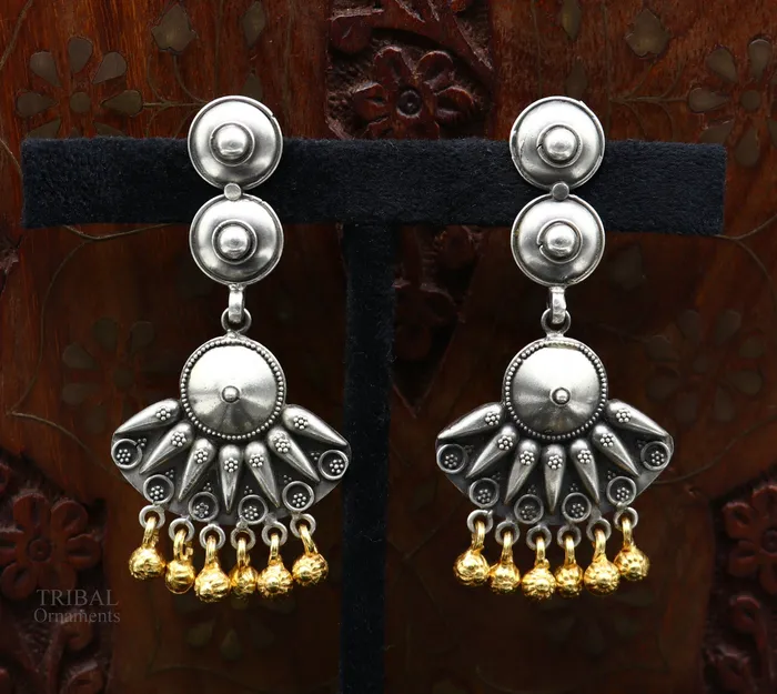 925 sterling silver vintage design traditional stud drop dangle earring with hanging gold polished jingling bells s gifting earrings ear1140 TRIBAL ORNAMENTS Earrings