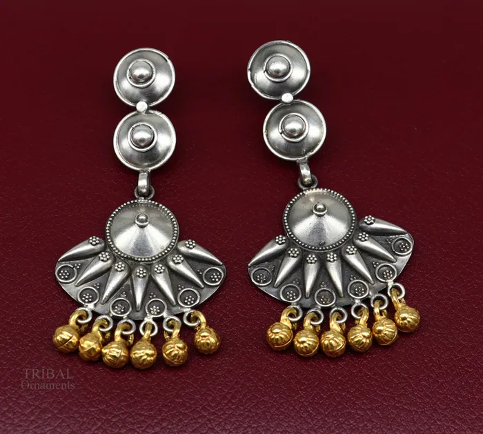 925 sterling silver vintage design traditional stud drop dangle earring with hanging gold polished jingling bells s gifting earrings ear1140 TRIBAL ORNAMENTS Earrings