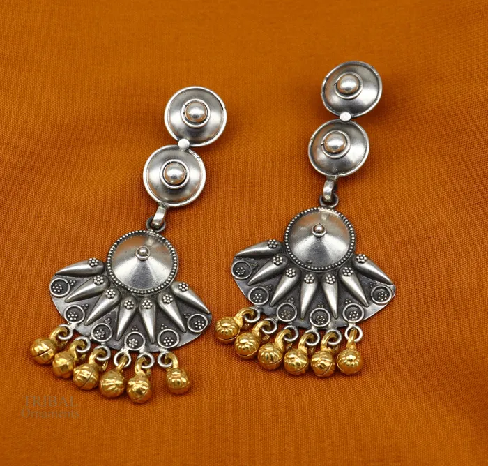 925 sterling silver vintage design traditional stud drop dangle earring with hanging gold polished jingling bells s gifting earrings ear1140 TRIBAL ORNAMENTS Earrings