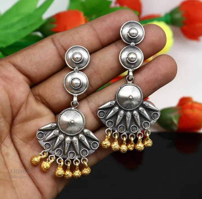 925 sterling silver vintage design traditional stud drop dangle earring with hanging gold polished jingling bells s gifting earrings ear1140 TRIBAL ORNAMENTS Earrings