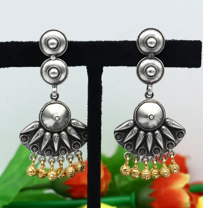 925 sterling silver vintage design traditional stud drop dangle earring with hanging gold polished jingling bells s gifting earrings ear1140 TRIBAL ORNAMENTS Earrings