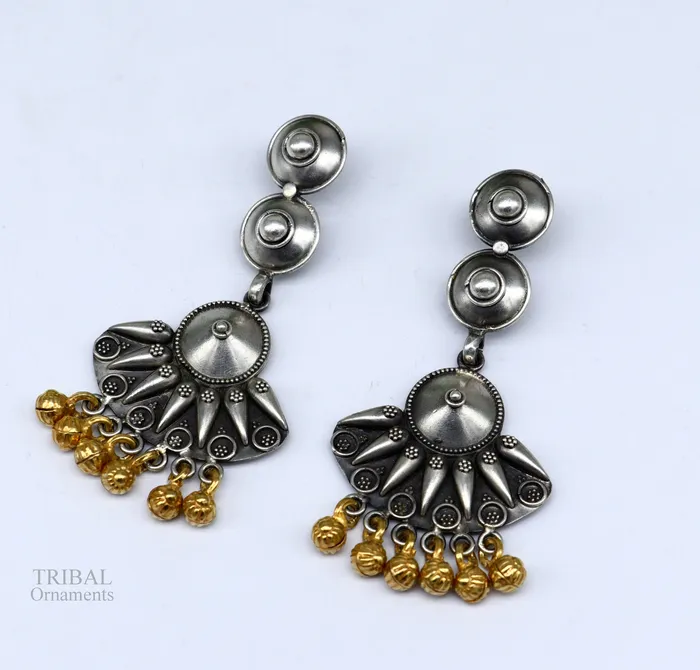 925 sterling silver vintage design traditional stud drop dangle earring with hanging gold polished jingling bells s gifting earrings ear1140 TRIBAL ORNAMENTS Earrings