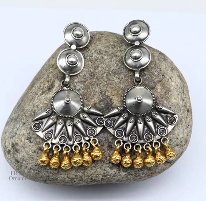 925 sterling silver vintage design traditional stud drop dangle earring with hanging gold polished jingling bells s gifting earrings ear1140 TRIBAL ORNAMENTS Earrings