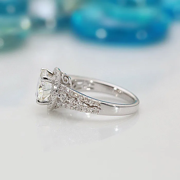 9mm Round Center 14KW Thick Band with Diamond Shoulders and Halo Filigree Basket Design Ring Fire Brilliance Rings