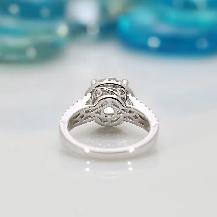 9mm Round Center 14KW Thick Band with Diamond Shoulders and Halo Filigree Basket Design Ring Fire Brilliance Rings