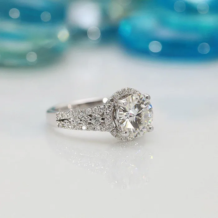 9mm Round Center 14KW Thick Band with Diamond Shoulders and Halo Filigree Basket Design Ring Fire Brilliance Rings
