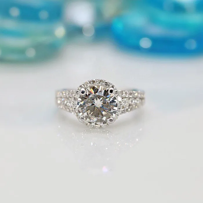 9mm Round Center 14KW Thick Band with Diamond Shoulders and Halo Filigree Basket Design Ring Fire Brilliance Rings