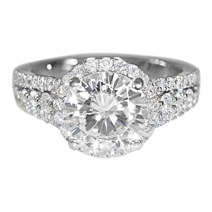 9mm Round Center 14KW Thick Band with Diamond Shoulders and Halo Filigree Basket Design Ring Fire Brilliance Rings
