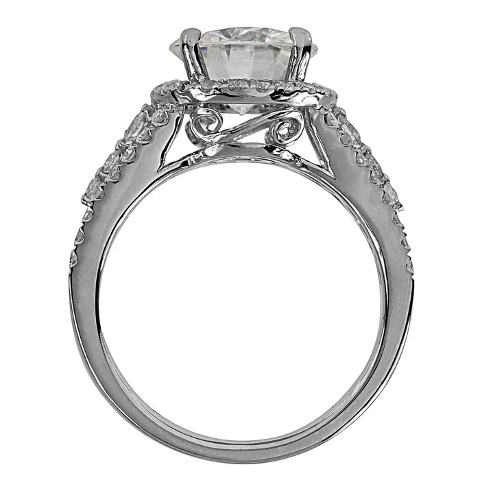9mm Round Center 14KW Thick Band with Diamond Shoulders and Halo Filigree Basket Design Ring Fire Brilliance Rings