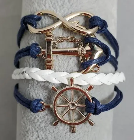 alice Bracelets AZ1299 Blue White Ship Wheel Anchor Infinity Layer Leather Bracelet alice Bracelets AZ1299 Blue White Ship Wheel Anchor Infinity Layer Leather Bracelet