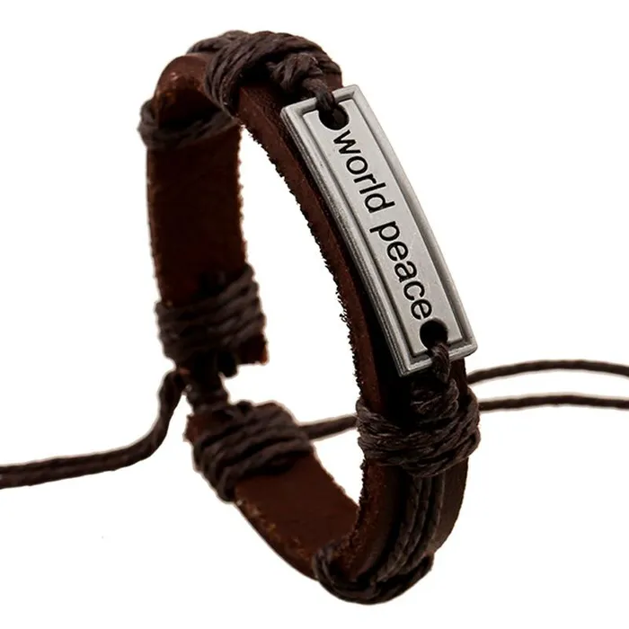 Bracelets POLLY B76 Silver World Peace Brown Leather Bracelet