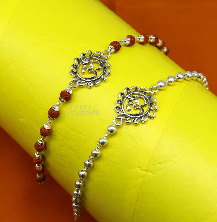 Bracelets TRIBAL ORNAMENTS Divine Aum or OM rakhi 925 Sterling silver Rakhi bracelet Rrudrakha and silver beads best gift for your brothers for special gifting rk200