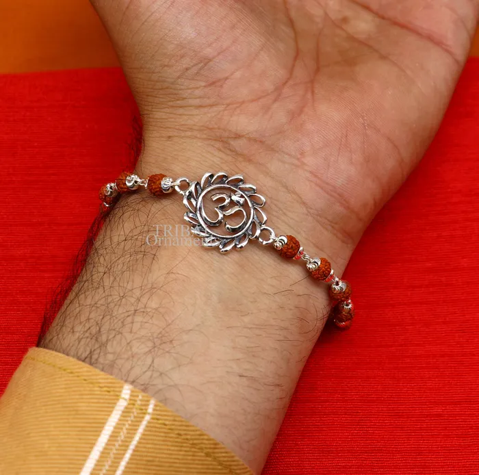 Bracelets TRIBAL ORNAMENTS Divine Aum or OM rakhi 925 Sterling silver Rakhi bracelet Rrudrakha and silver beads best gift for your brothers for special gifting rk200