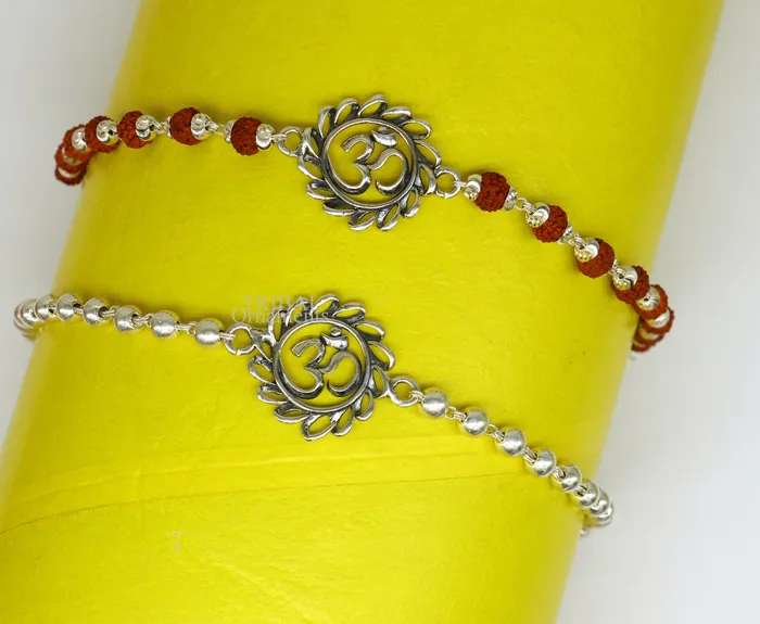 Bracelets TRIBAL ORNAMENTS Divine Aum or OM rakhi 925 Sterling silver Rakhi bracelet Rrudrakha and silver beads best gift for your brothers for special gifting rk200