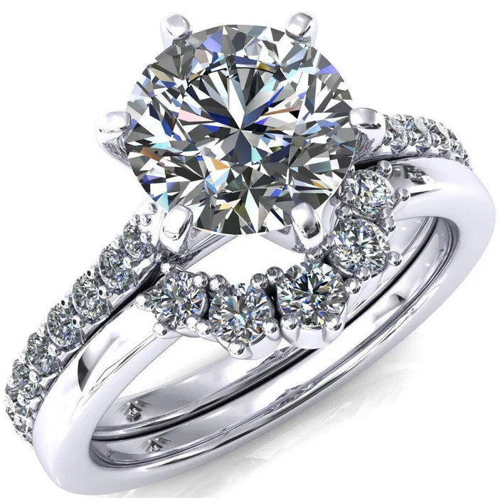 Fire Brilliance Kelsy Round Center Stone 6 Prong 34 Shared Scalloped Inverted Cathedral Ring Rings