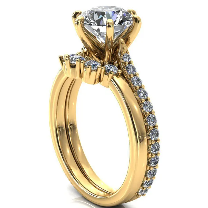 Fire Brilliance Kelsy Round Center Stone 6 Prong 34 Shared Scalloped Inverted Cathedral Ring Rings