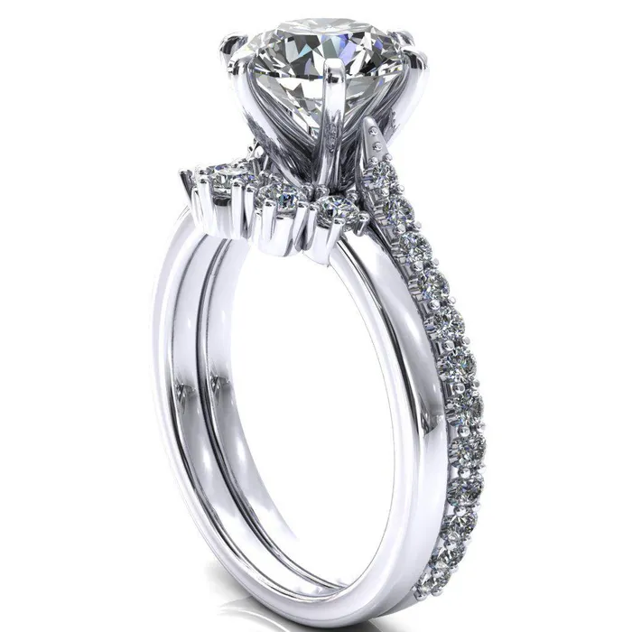 Fire Brilliance Kelsy Round Center Stone 6 Prong 34 Shared Scalloped Inverted Cathedral Ring Rings