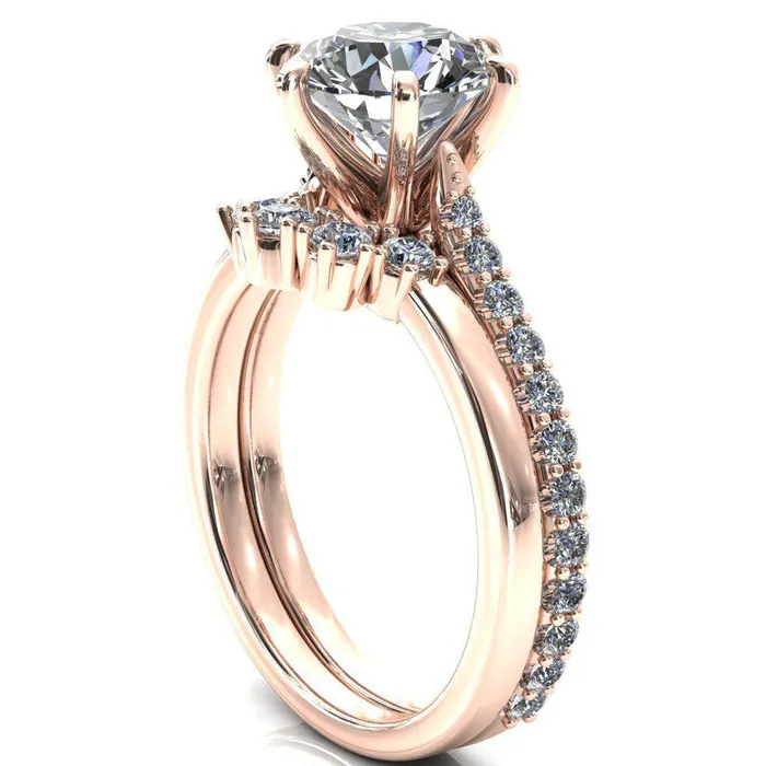 Fire Brilliance Kelsy Round Center Stone 6 Prong 34 Shared Scalloped Inverted Cathedral Ring Rings