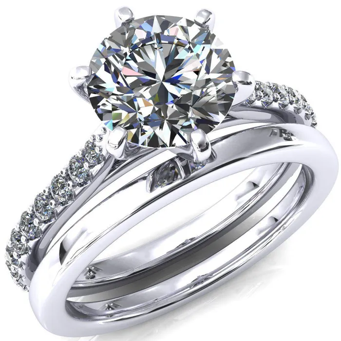 Fire Brilliance Kelsy Round Center Stone 6 Prong 34 Shared Scalloped Inverted Cathedral Ring Rings
