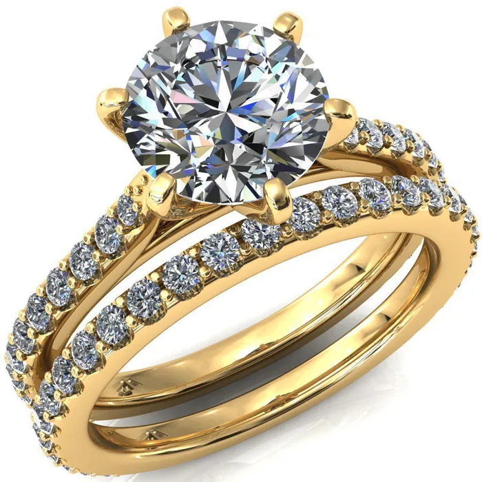 Fire Brilliance Kelsy Round Center Stone 6 Prong 34 Shared Scalloped Inverted Cathedral Ring Rings