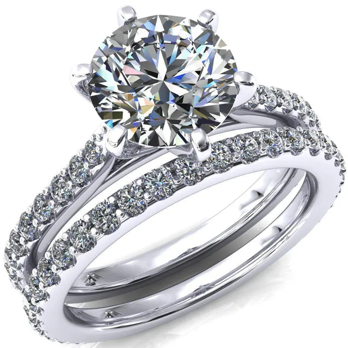 Fire Brilliance Kelsy Round Center Stone 6 Prong 34 Shared Scalloped Inverted Cathedral Ring Rings