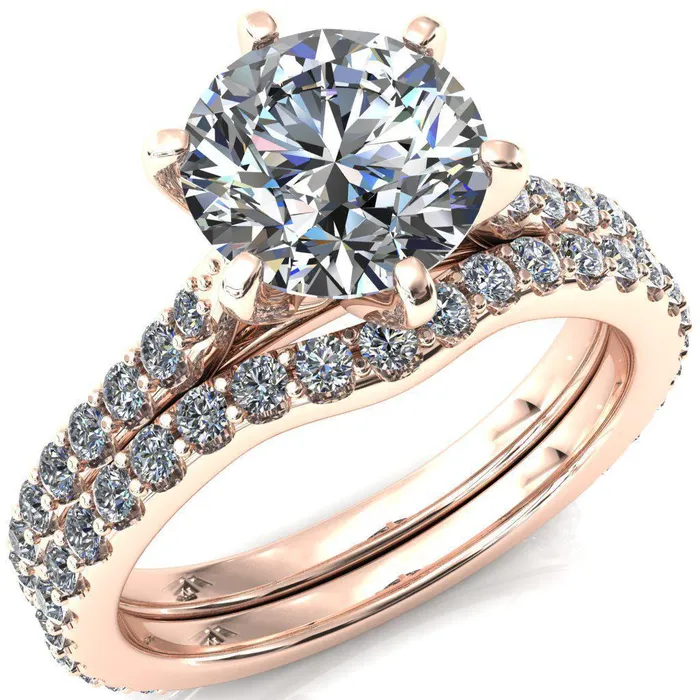 Fire Brilliance Kelsy Round Center Stone 6 Prong 34 Shared Scalloped Inverted Cathedral Ring Rings