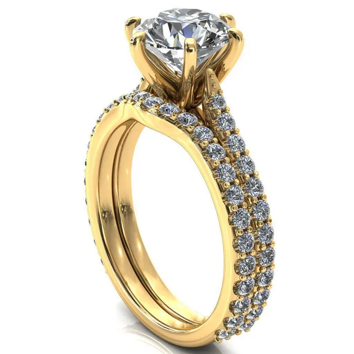 Fire Brilliance Kelsy Round Center Stone 6 Prong 34 Shared Scalloped Inverted Cathedral Ring Rings