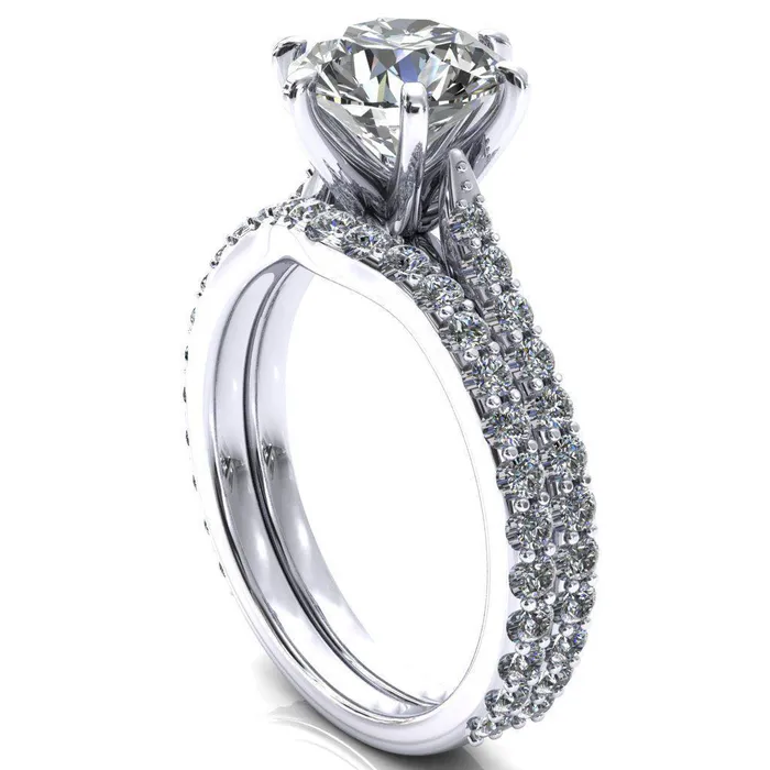 Fire Brilliance Kelsy Round Center Stone 6 Prong 34 Shared Scalloped Inverted Cathedral Ring Rings